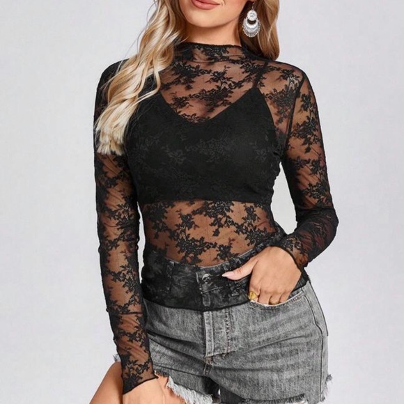 SHEIN Tops - Black Lace Sheer Top‎